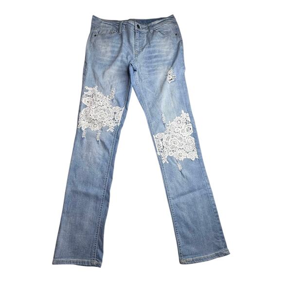 V GOLD Distressed JEANS Women's 16-1/2+ Lace Embellished Stretch Skinny Leg Blue - Picture 1 of 12